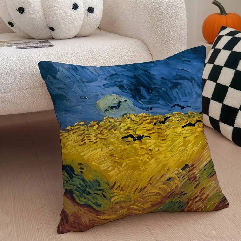 V-Van Gogh Ölgemälde Druck Kissenbezug Milbenschutz Kissenbezug Verdeckter Reißverschluss Seidiger Kurzer Plüsch Sofakissenbezug