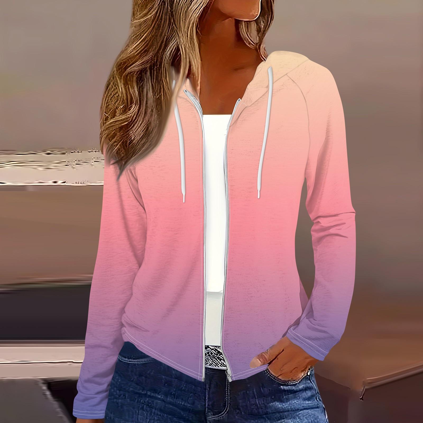 Женская мода повседневная застежка-молния с капюшоном и принтом с длинным рукавом толстовки пальто M розовый 1916₽