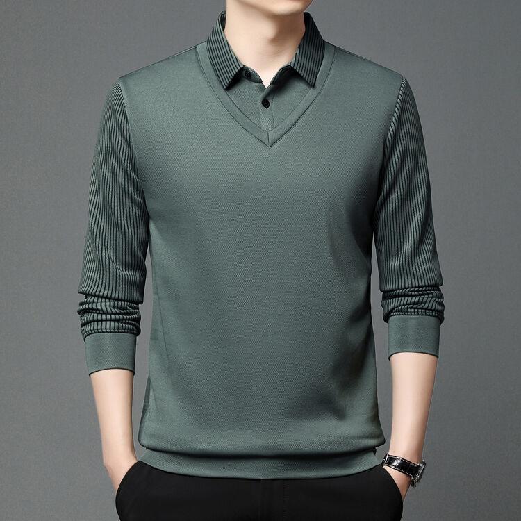 Spring And Autumn Men'S Fake Two-Piece Long-Sleeve T-Shirt, Men'S Business Casual Middle-Aged Striped Polo Shirt Base Layer Top, Men'S Wear