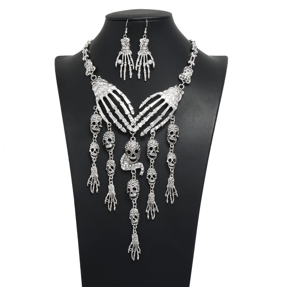 Fashion Hand Bone Women Necklace And Earring Set With Skeleton Tassel Design For Gothic Party Accessories
