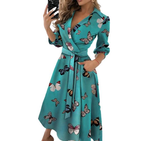 Weibliches Kleid mit Blumenmuster, tiefem V-Ausschnitt, Vintage-Gürtelkleid