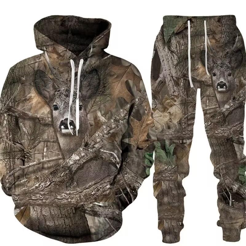 Men Camouflage 3D Print Hooded Cycling Jersey 2Pcs Tracksuit Outdoor Sports Set