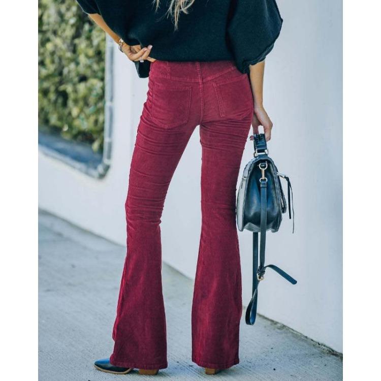 Spring and Autumn Women Plus Size Corduroy High Waist Solid Color Slim Micro Flare Pants Elastic Waist Casual Pants