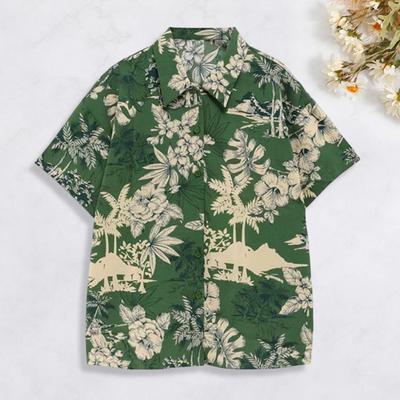 Lapel Short Sleeve Patch Pocket Buttons Closure Men Shirt Summer Floral Leaves Print Hawaiian Shirt Streetwear