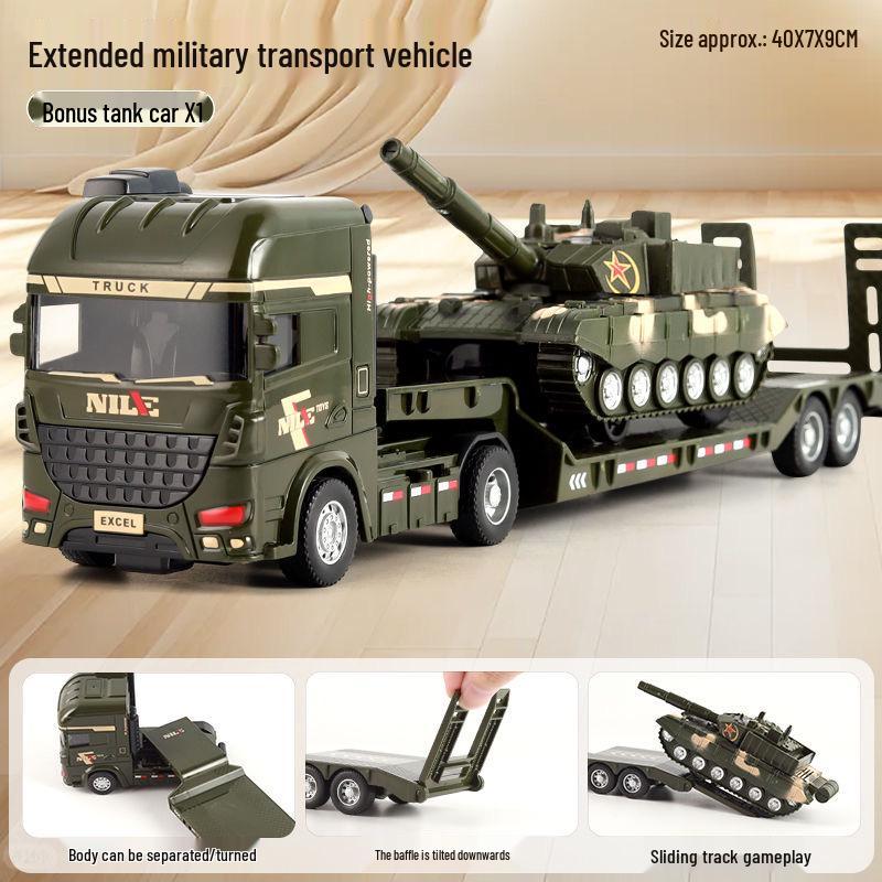 Large Flatbed Transport Truck Semi-Trailer Dolly Toy: Children's Inertial Car, Engineering Excavator, Military Vehicle.
