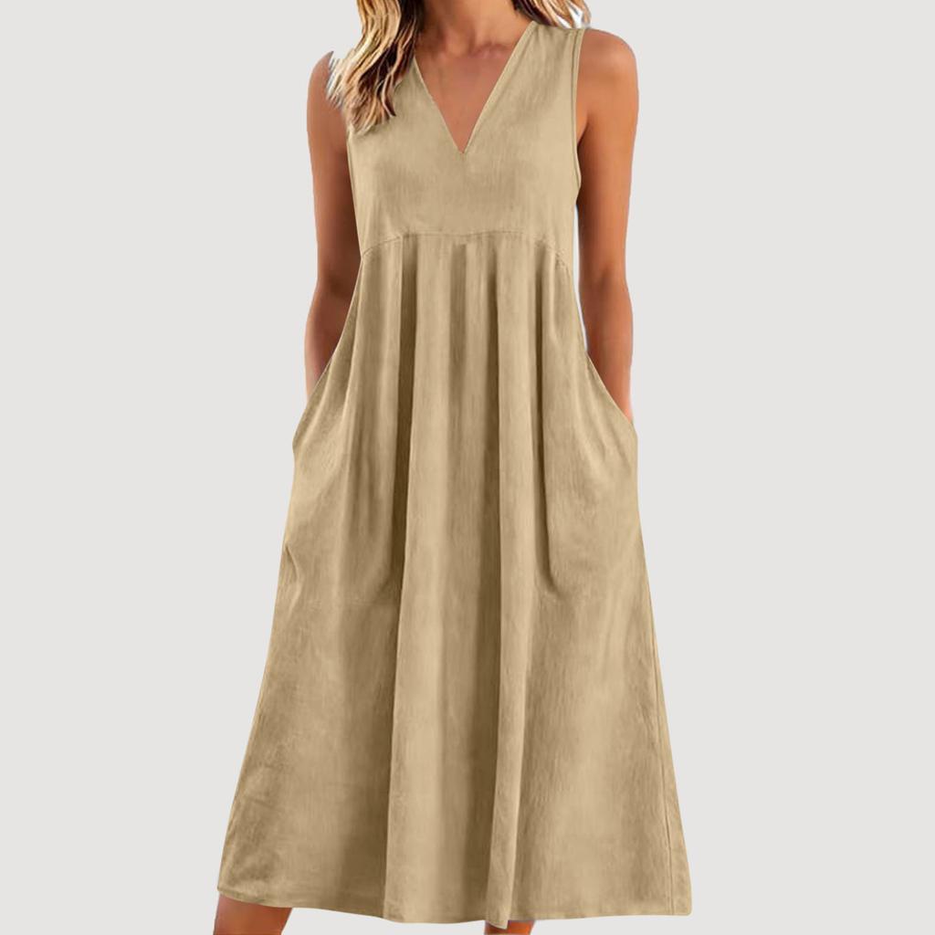 Ladies' Casual Pullover V-neck Sleeveless Cotton And Linen Loose Dress
