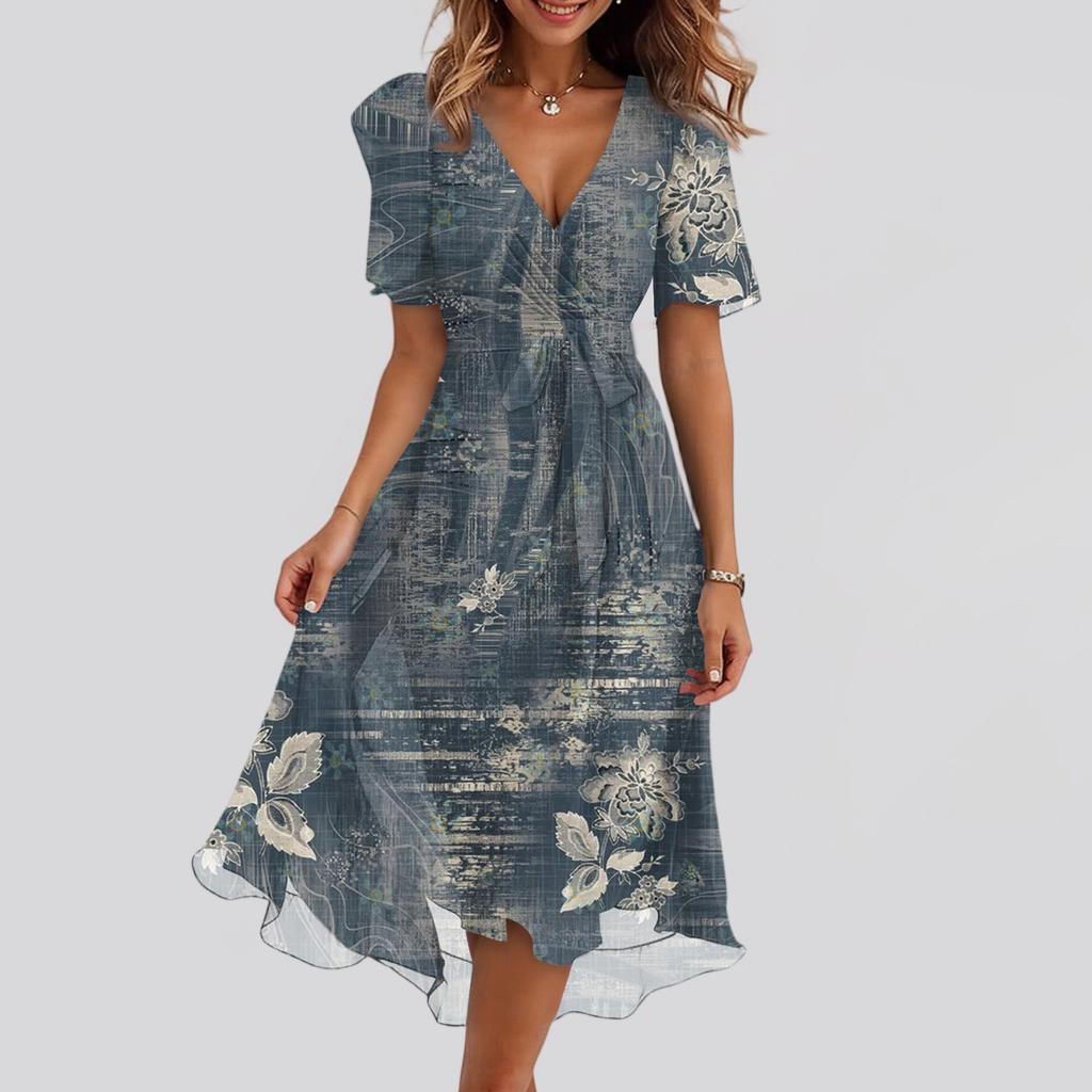 Damenmode Lässig V-Ausschnitt Kurzarm Rüschen Vintage Bedruckte Kleider