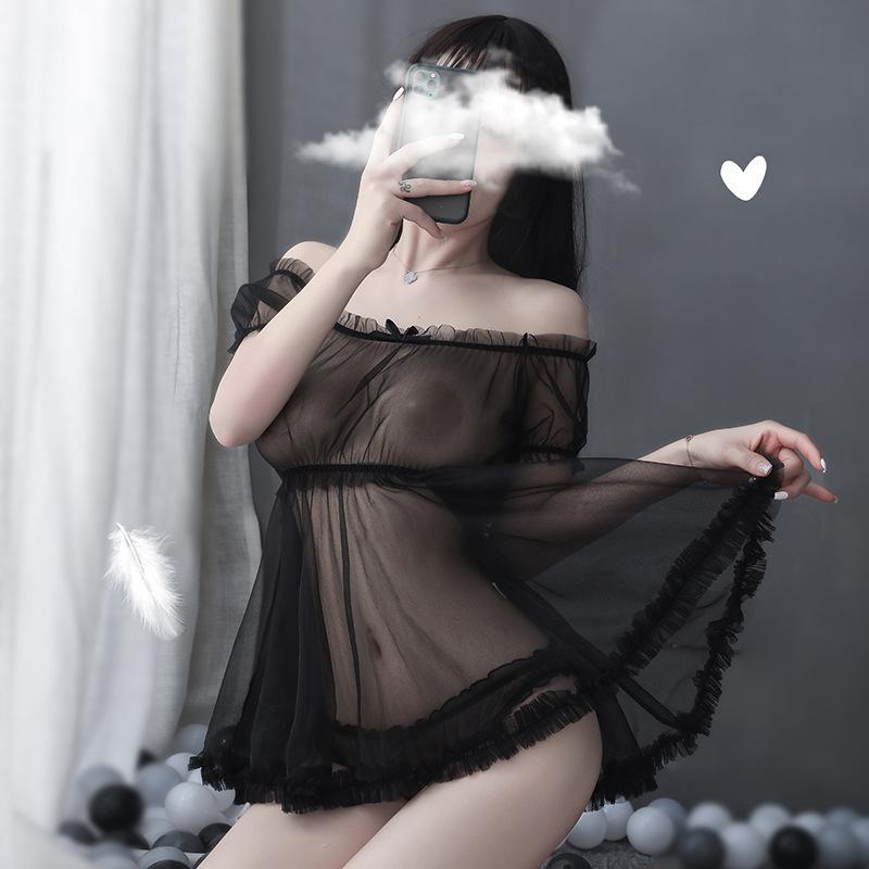 New sexy underwear perspective princess suit one-word shoulder mesh skirt seduces girl transparent milk leakage nightdress