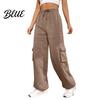 Loose Leg Trousers Women Cargo Pants Elastic High Waist Adjustable Drawstring Long Wide-leg with Multi Pockets Wide Design Solid Color Casual