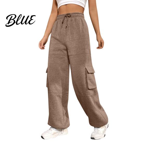 Loose Leg Trousers Women Cargo Pants Elastic High Waist Adjustable Drawstring Long Wide-leg with Multi Pockets Wide Design Solid Color Casual