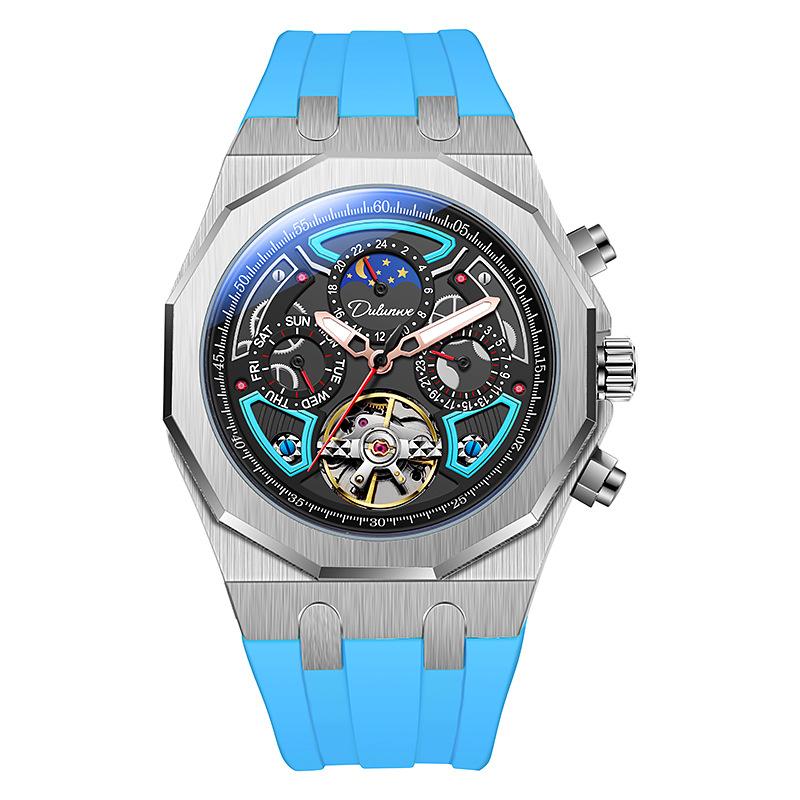 Automatic Men's Mechanical Watch for Sports 30M Water Resistant Stainless Steel Band Moon Phase Fluorescent Pointer Dial