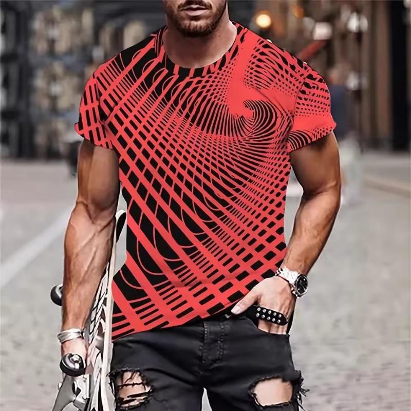 Letni Klasyczny Męski T-shirt 3D Outdoorowy z Okrągłym Dekoltem i Krótkim Rękawem, Top z Nadrukiem w Paski, Uliczny Luźny T-shirt Męski Oversize