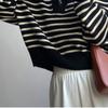 Women V-Neck Stripe Contrast Sweater Autumn Winter Soft Polo Neck Short Pullover Bat Sleeve Sweater
