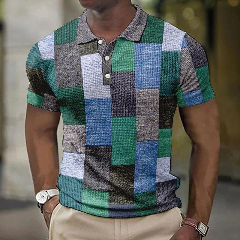 Vintage Colorful Grid 3D Printed POLO Shirt Men's Casual Gentleman Short-sleeved Top Outdoor Casual Men's and Women's Polo Shirt