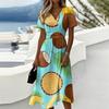 Women Casual V Neck Dress Hawaiian Print Short Sleeve Summer Midi Dress Beachwear Vacation Outfit