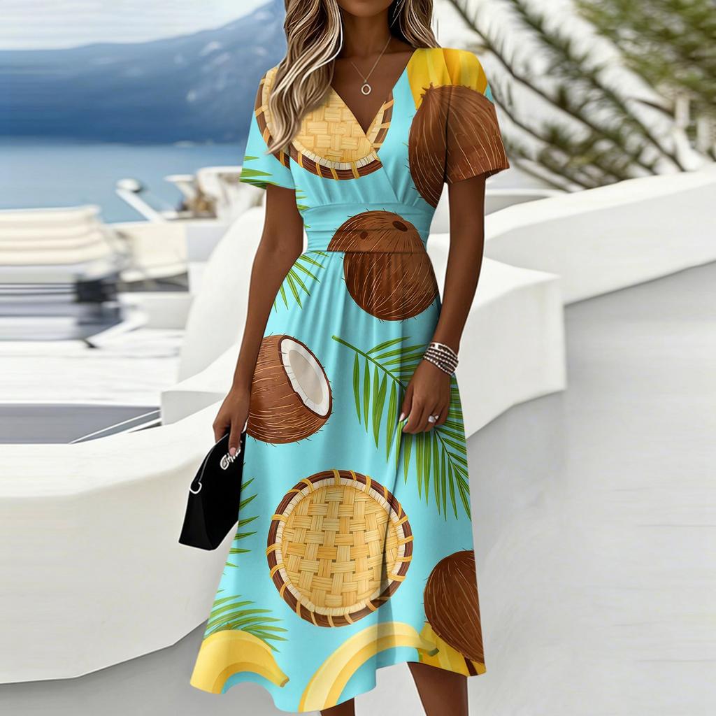 Women Casual V Neck Dress Hawaiian Print Short Sleeve Summer Midi Dress Beachwear Vacation Outfit