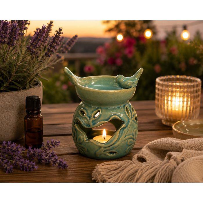 Brûleur à huile en céramique - EDEN - Oiseau vert - Compact - Diffuse huiles essentielles - Porcelaine