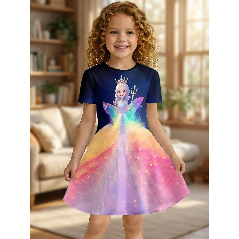 Little Girls Warm Soft Cute Fresh Dreamy Fantasy Print Summer Swing Dress Short Sleeve Kids Casual Play Outfit