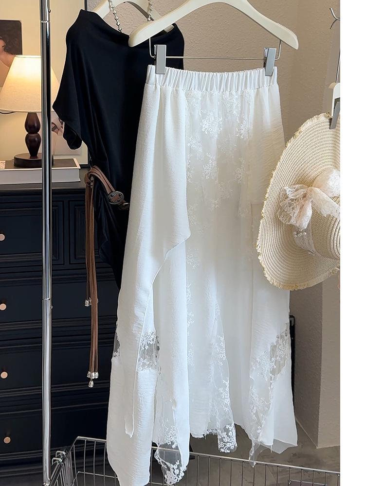 Korean-Style High-Waist Lace Mesh A-line Midi Skirt with Wide Hem