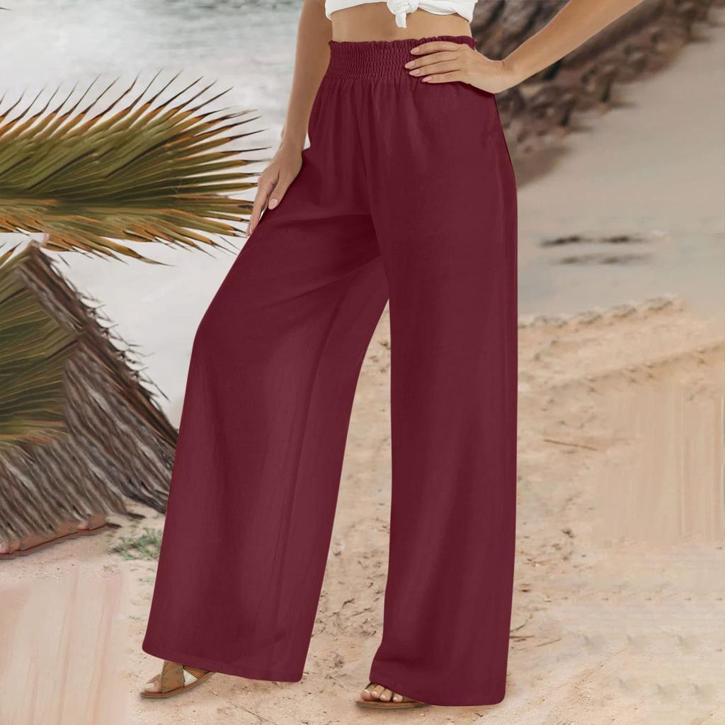Women's Four Seasons Solid Colours Cotton Linen Elastic Waist Belts with Wide Beach Long Trousers Plain Loose Trousers
