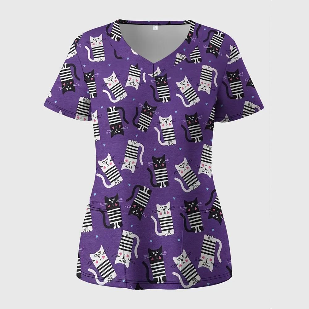 Uniformi Chirurgiche Carine Cartone Animato Gatto Donna Moda Estiva Scollo a V Medico Micro-Elastiche Manica Corta Tasche Applicate Abbigliamento Medico