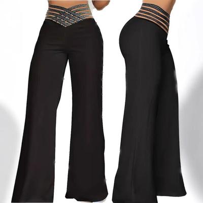 Women's Solid Color Fashion Hollow Iron Drill Mid-waist Leisure Wide Leg Trousers
