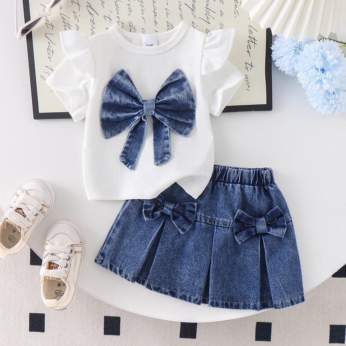Children s Fashion Set: Summer Girls Cute Short-Sleeve Top + Denim Pleated Skirt Two-Piece Set 12-18M