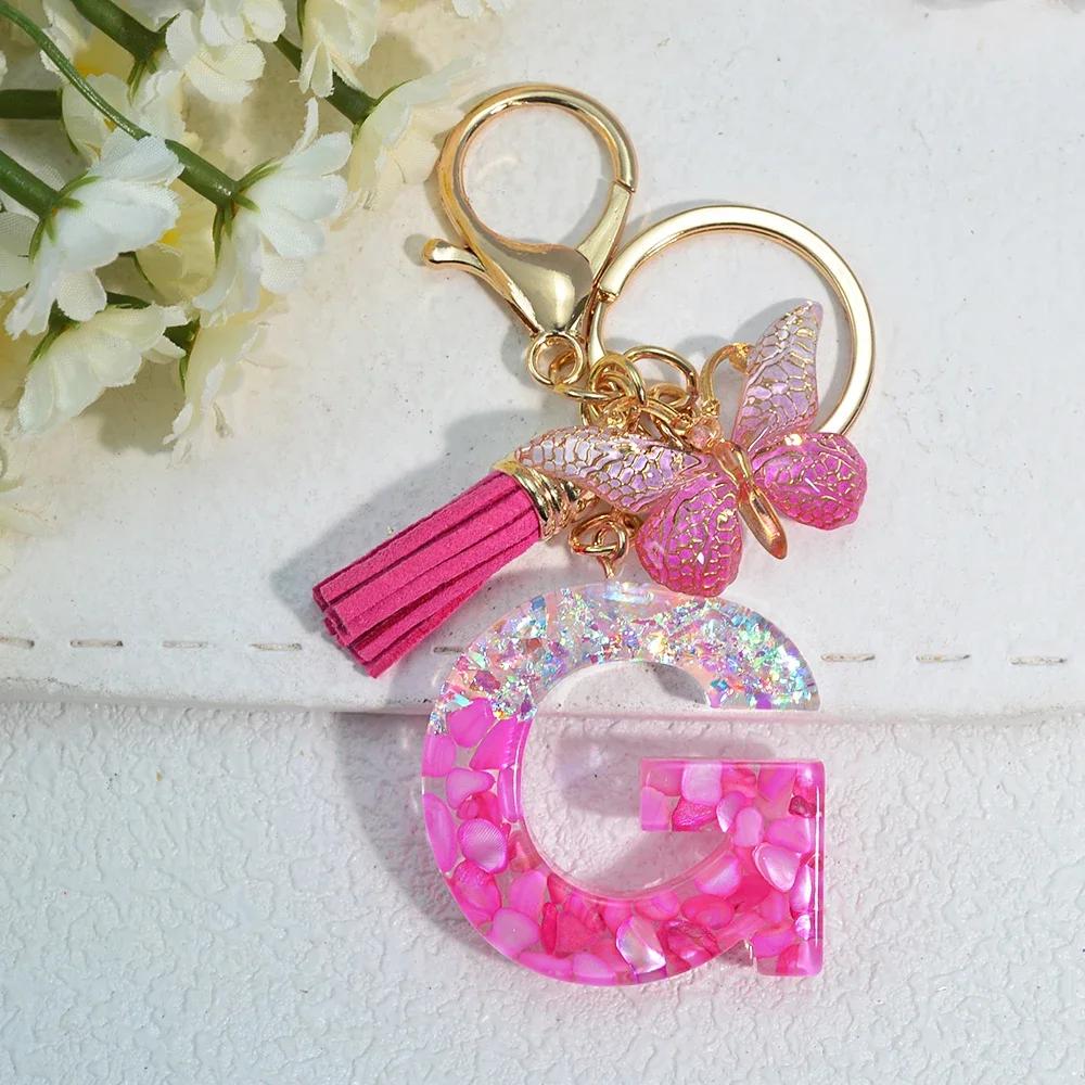Gradient Pink Jewelry Letter Keyring Resin Letter Keychain with Fringe Butterfly DIY Bag Decoration Pendant Party Gift