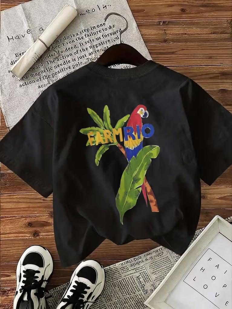 Rio Parrot Tropical Print Tshirt Palm Leaf Graphic Short Sleeve Crew Neck Casual Tops Daily Streetwear Ladys Tshirt