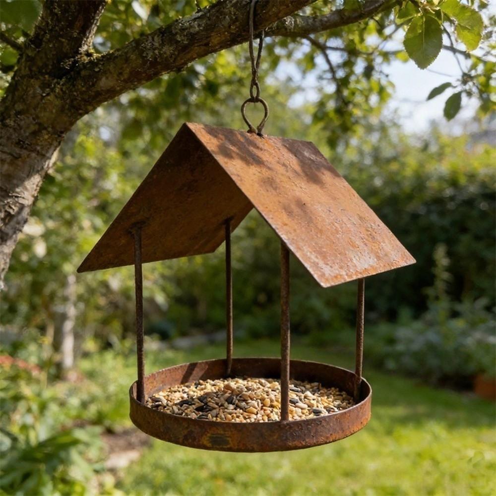 Iron Hanging Bird Feeder Hut Shape Rusty Design Bird Food Container Large Capacity Decorative Hummingbird Feeder Balcony