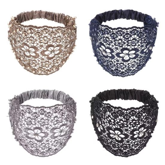 4Pcs Women Headband Floral Lace Hollow Design Faux Pearls Hair Hoop Boho Style Wide Elastic Hair Accessories