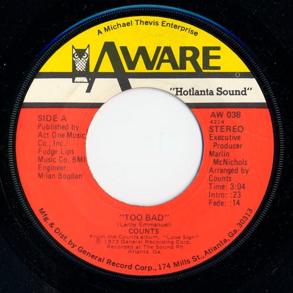 

7inch Record COUNTS - Too Bad AW038 Aware 1974 US Soul/Funk Used