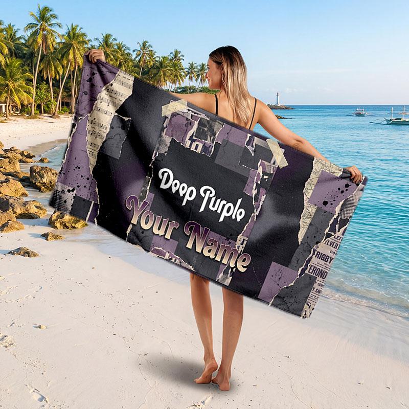 Deep Purple Customized Name Text Beach Towel, Soft Absorbent Towel Beach Pool Travel Personal Gift