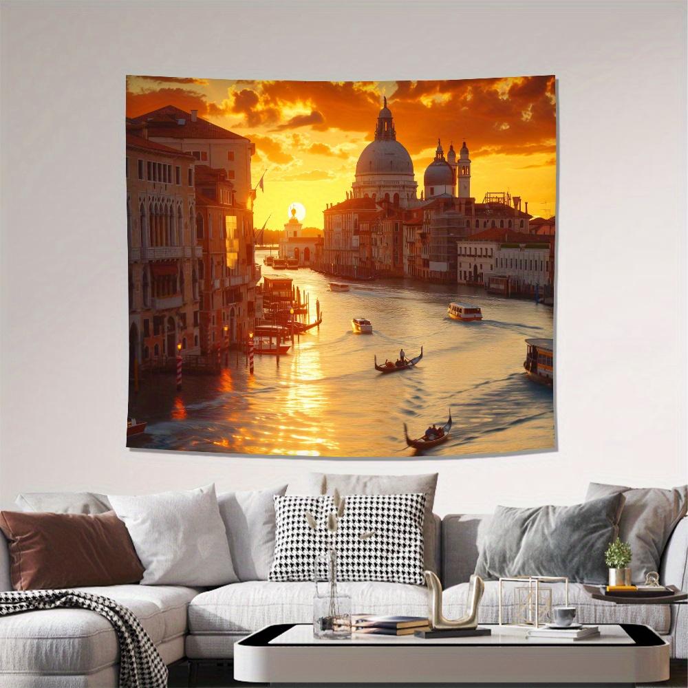Golden Venice Landscape Tapestry, Canal Gondola Sunset European Architecture Wall Cloth, Soft Backdrop For Bedroom Home Space