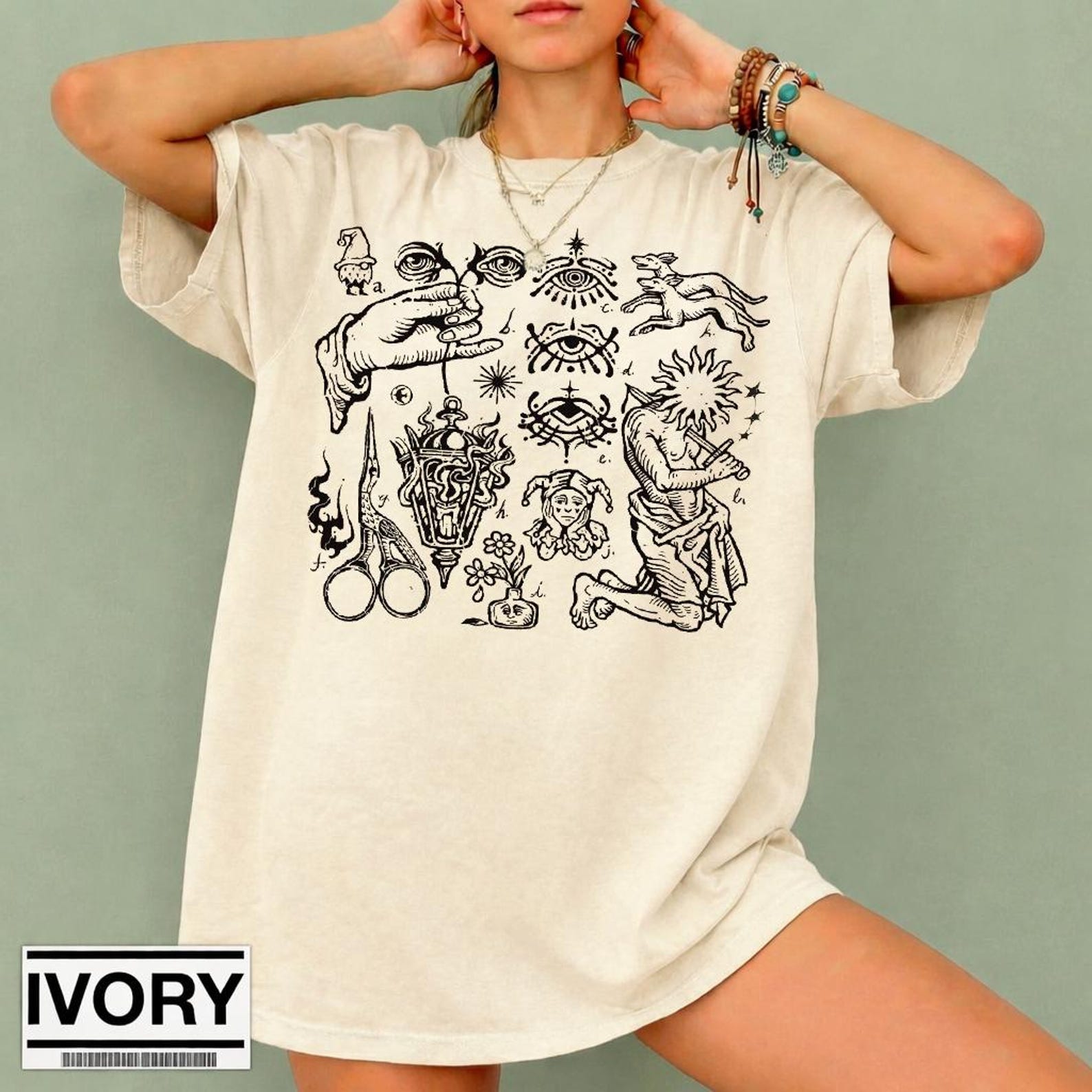 Occult Graphic Tee Vintage Mystical Shirt, All Seeing Eye T-Shirt, Witchy Aesthetic Tee, Surreal Hand Art Shirt, Boho Spiritual Top XL