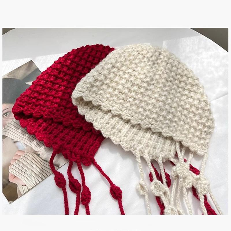 Autumn And Winter Warm Wool Hat Hand-Woven Hollow Bag Hat Women'S Ethnic Style Fringed Ear Protector Knitted Hat