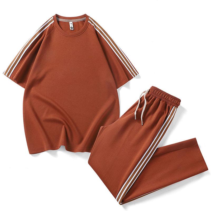 Striped Short-Sleeve Men’s Lightweight, Breathable Sports Suit – Men’s T-Shirt and Long Pants Two-Piece Set