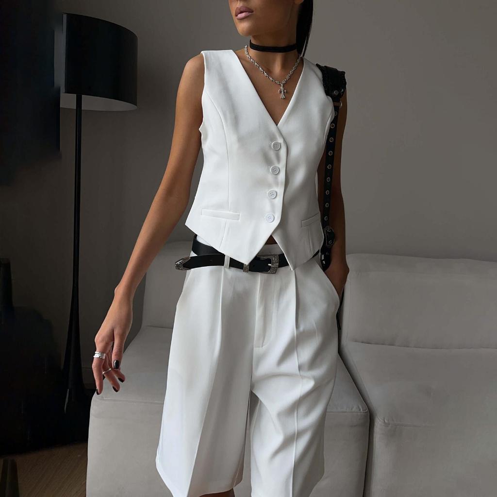 Conjunto Feminino de Duas Peças: Colete, Camisa Sem Mangas, Shorts de Cintura Alta com Cordão, Tamanho Grande, Conjuntos de Moda
