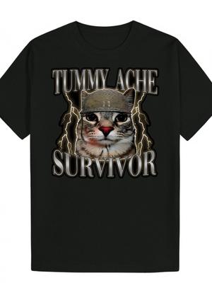 Herren Sommer Casual Grafik T-Shirt Lustige Katze Militärdesign mit Bauchschmerzen Überlebender Slogan Herren T-Shirt Schwarzes Baumwoll-Tee