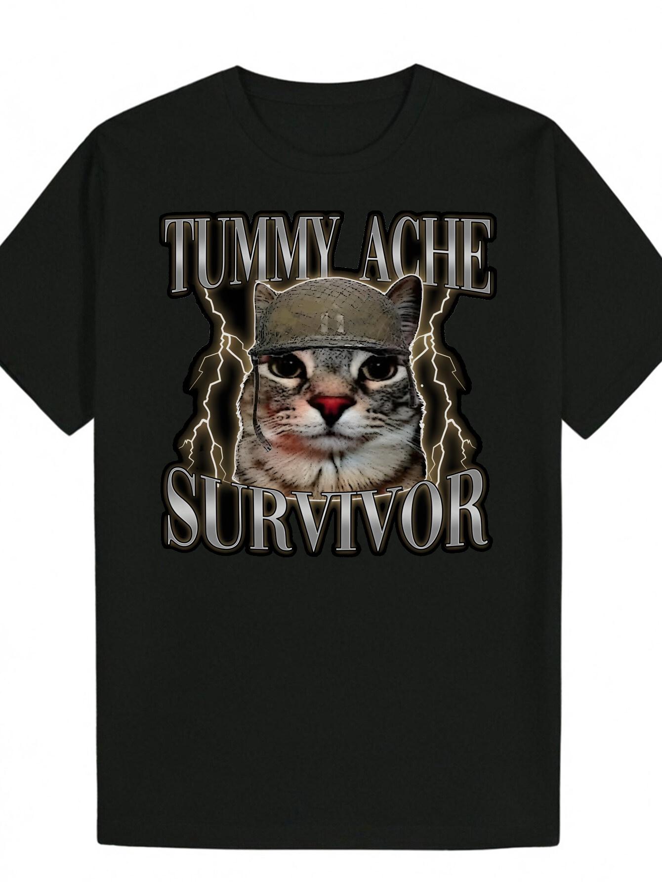 Mens Summer Casual Graphic TShirt Funny Cat Military Design with Tummy Ache Survivor Slogan Mens TShirt Black Cotton Tee S