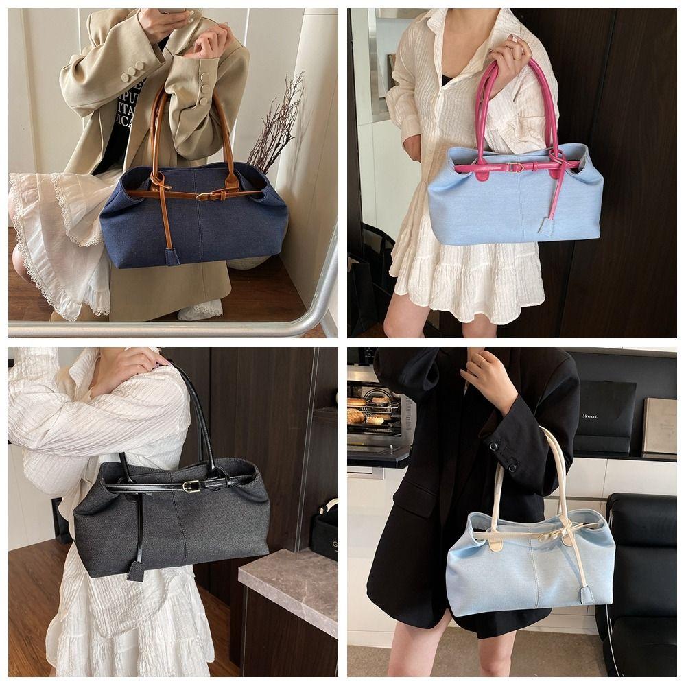 Patchwork Color Vintage Armpit Bag Hasp Closure Casual Tote Bag Denim Shoulder Bag Students