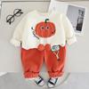 Boys and Girls' Elegant Round Neck Set, Spring and Autumn Fashion Handsome 3D Pumpkin Long Sleeve Two Piece Set