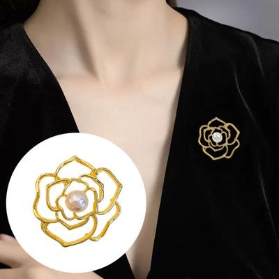 Women Brooch Hollow Out Camellia Faux Pearl Anti-slip Wear-resistant Coat Collar Hat Scarf Decoration Clothes Pin Garment Jewelry