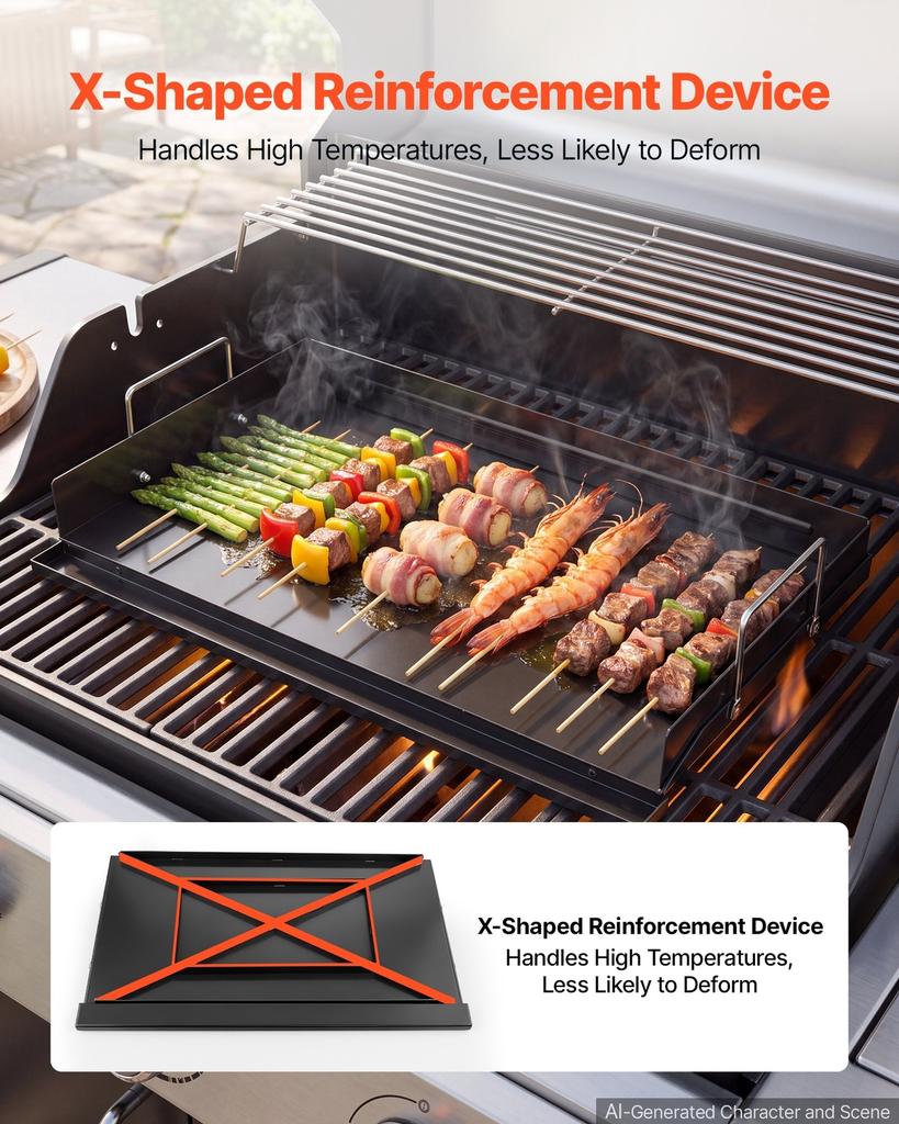 Carbon Steel Griddle 61x41 cm Flat Top Pre-Seasoned Plate Handle, for BBQ Eggs Burger, Even Heat Distribution, Non-Stick Portable Rectangular Family