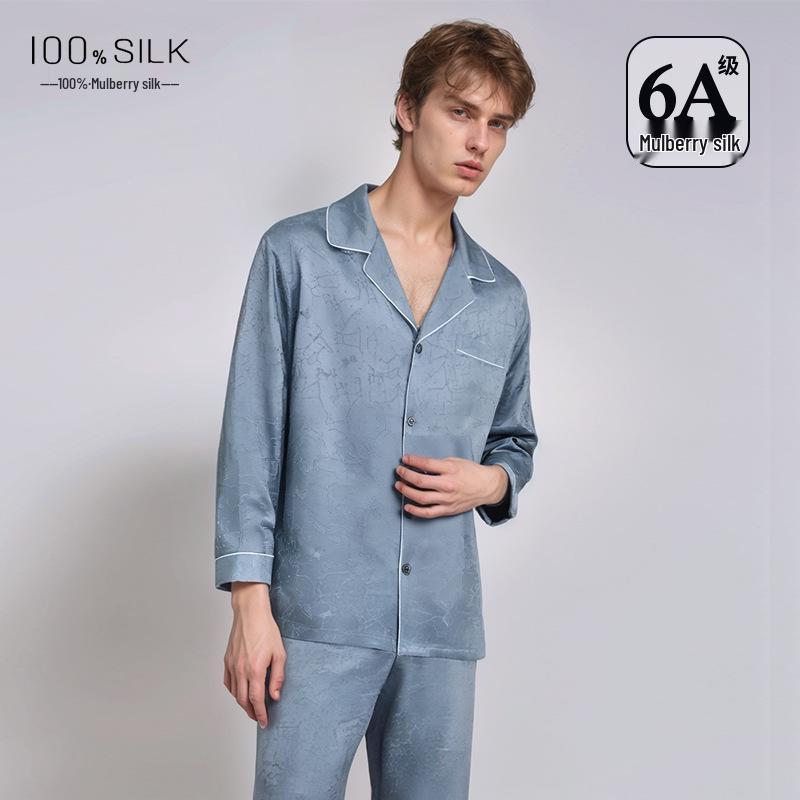 Men's 19 Momme Heavyweight Mulberry Silk Pajamas Set - Long Sleeve, Long Pants, Spring/Summer.
