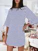 Women's Cotton Striped Mini Dress 3/4 Sleeve Loose Fit with Side Pockets