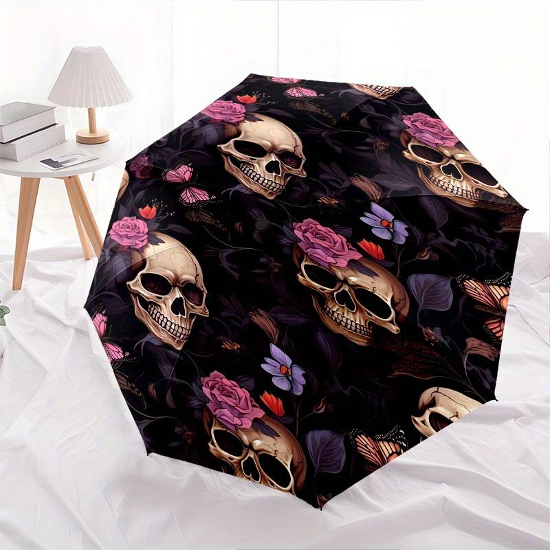 Rose Skull Automatic Folding Umbrella 8 Ribs, Durable Iron Frame, Bright Color Pattern Compact Travel Umbrella, Suitable for Outdoor, Beach