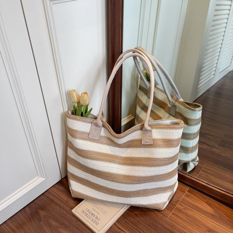 Striped Tote Bag Woven Large Capacity Shoulder Women's Bag Lazy Wind Light Vacation Bag Shopping Bag Women