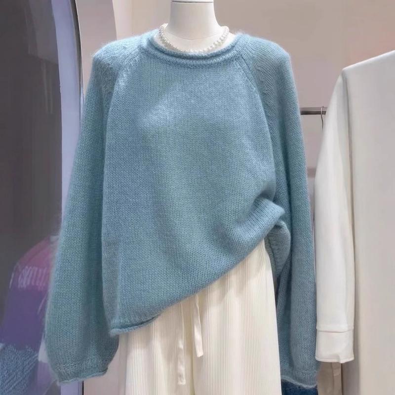 Women's Casual Round Neck Wool Knit Sweater - Autumn/Winter Solid Color Long Sleeve Base Layer