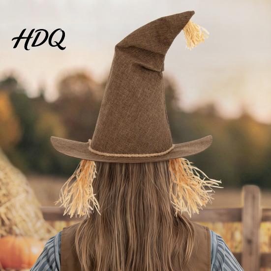 Fashionable Witch Hat Scarecrow Hat Novelty with Straw Halloween Costume Carnival Accessory for Cosplay Party Festival Dress Up Prop Lightweight